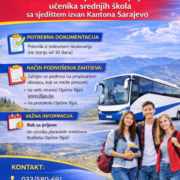 Javni poziv za podnošenje zahtjeva za subvencioniranje troškova prijevoza učenika srednjih škola koji redovno pohađaju srednje škole kao javne ustanove sa sjedištem izvan Kantona Sarajevo